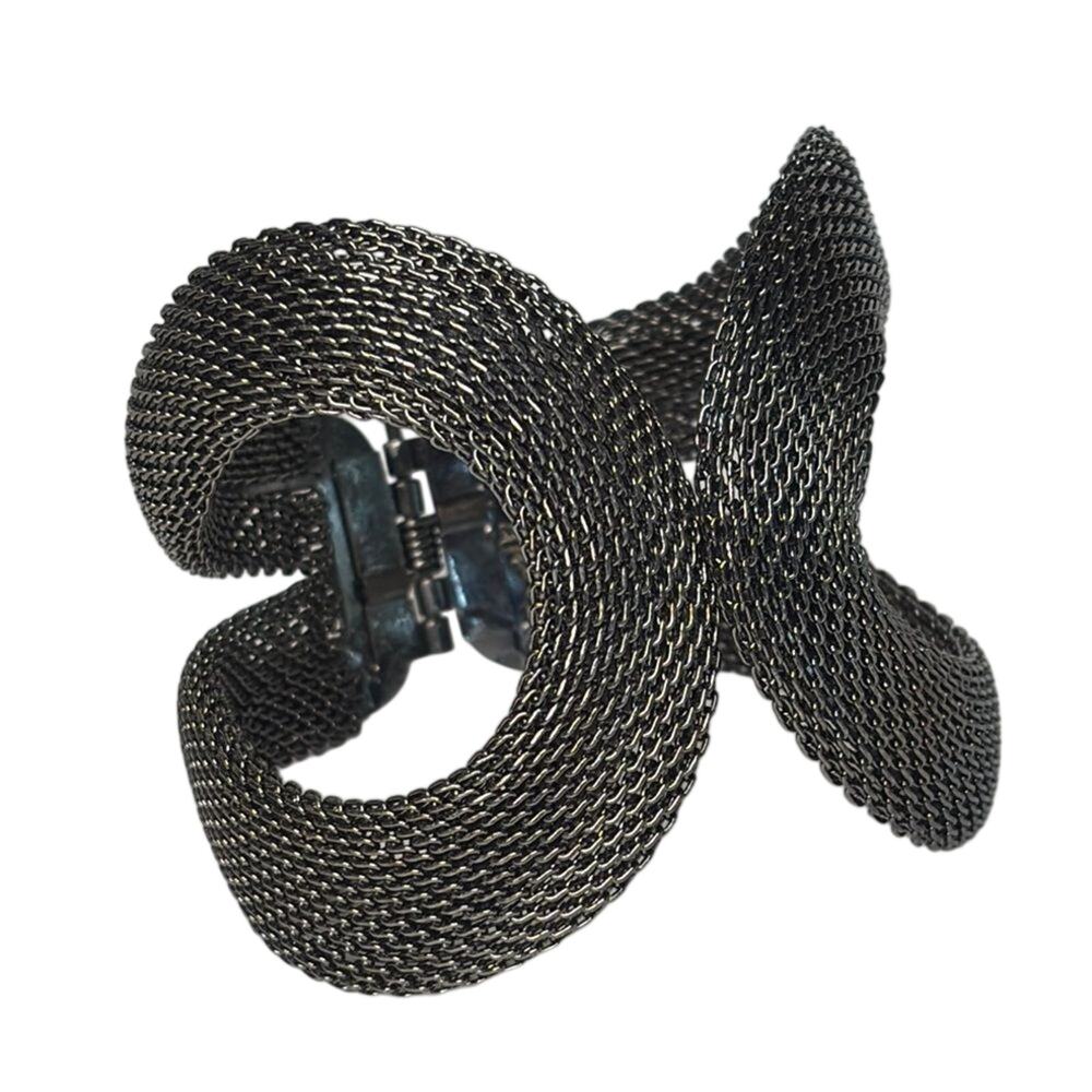 Statement Dark Gray Mesh Metal Cuff Bracelet Sculptural Knot Wide Hinged